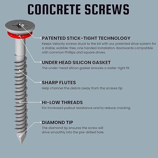 Velocity 2 1/4 Concrete Screws (Flat Head, 1/4") - Includes 12 High-Performance Cement Screws for Concrete with RedSeal Moisture Barrier, 1 PSD ACR Drive Bit and 1 Carbide Concrete Drill Bit