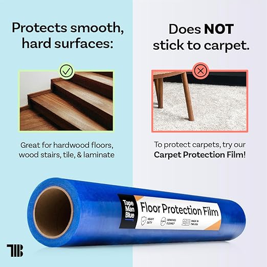 TapeManBlue Floor Protection Film, 36" x 500', Made in USA, Blue Self Adhesive Floor Protector Tape for Moving, Painting and Construction, Temporary Covering to Shield Hardwood, Tile, Hard Surfaces