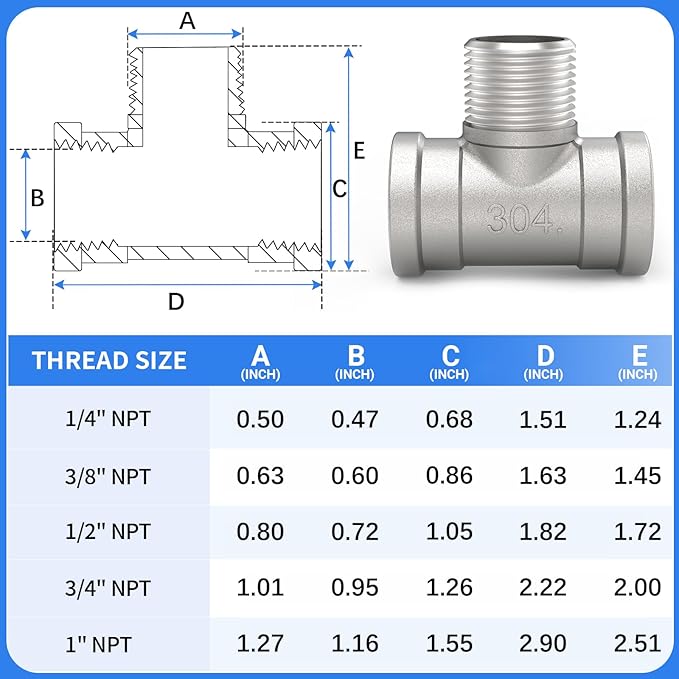 ChillWaves 304 Stainless Steel Pipe Fitting, Male Branch Tee 3/4" NPT Female x 3/4" NPT Male x 3/4" NPT Female Thread Adapter(4-PACK)