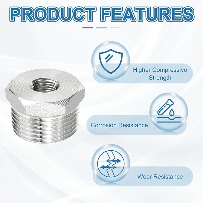 PATIKIL 304 Stainless Steel Reducer Hex Bushing 2 Pcs, 1" BSPT Male to 1/4" BSPT Female Pipe Reducing Adapter Fitting Connector for Water Gas Hydraulic Pipes Shower Hose, Silver