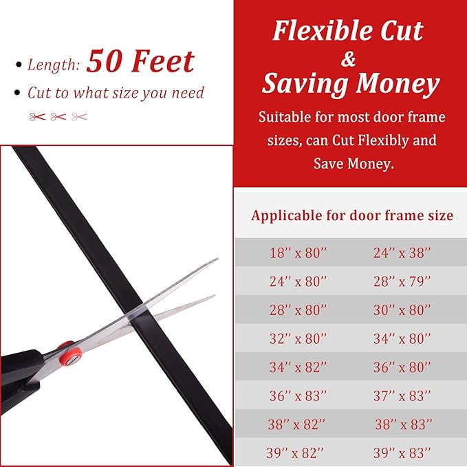 50 Feet D-Shape Rubber Weather Stripping Door Seal Strip, Fingwerk Self-Adhesive Backing Door Weatherstripping for Door Frame Insulation Large Gap, Easy Cut to Size with Tailor Scissors(Black)