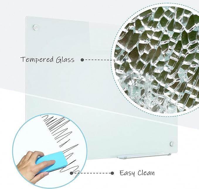 Magnetic Glass Writeboard 48"X36" Premium Tempered Dry Erase Boards Wall Mounted Frameless Whiteboard Bulletin Message Boards (White)