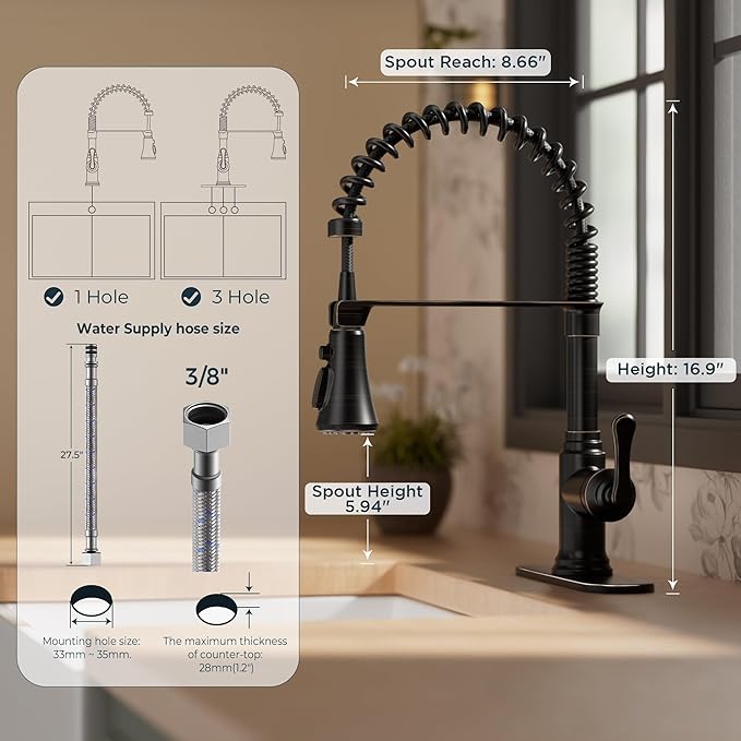 FORIOUS Rustic Kitchen Faucet with Pull Down Sprayer Oil Rubbed Bronze, 3 Modes Stainless Steel High Arc Vintage Spring Sink Faucet 1 or 3 Holes for Pot Filler, Farmhouse Camper Wet Bar