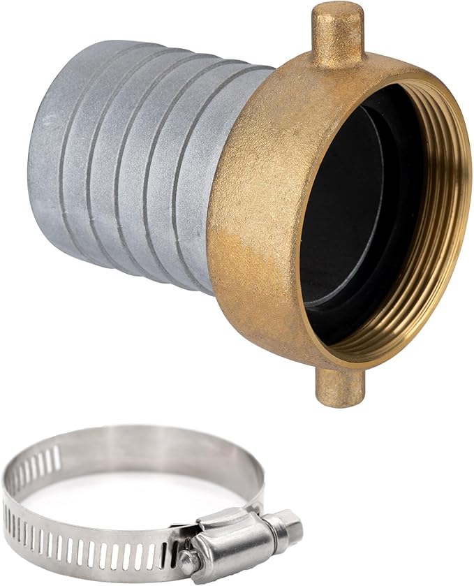 EASTRANS Aluminum Female Hose Fitting with Brass Nut, 2 inch Short Hose Shank Suction Coupling with 1 Clamp
