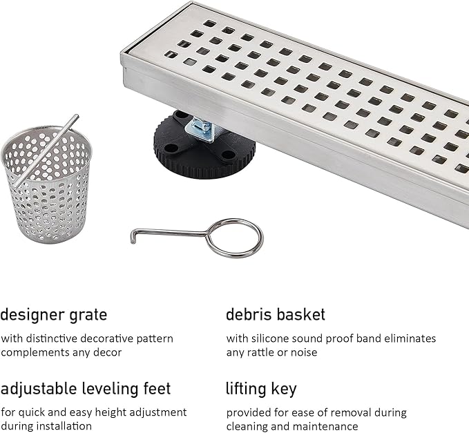Linear Shower Floor Drain, Brushed Nickel 36 Inch 304 Stainless Steel Bathroom Drains Kit, Long Rectangular Shower Trench Drain with Square Pattern Drain Cover & Hair Catcher