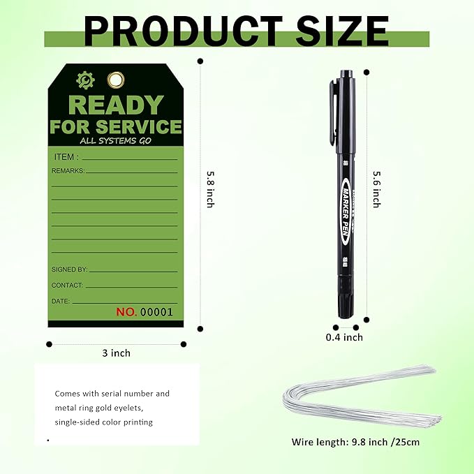 100 Pcs Ready for Service Tags 3 x 5.75 Inch with Serial Number Service Repair Green Tag with 10 Inch Wire Status Notice Tags Equipment Tag Designed for Factories (100)