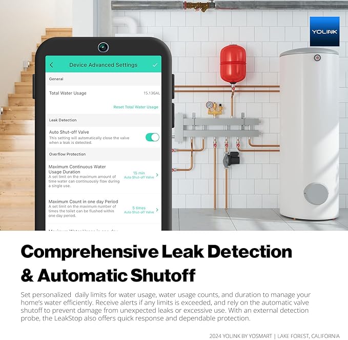 YoLink LeakStop 2-Channel for Sinks/Washing Machine, Dual Auto Shutoff Valves & Leak Detection, Real-Time Monitoring, LoRa Long-Range, 2 AA Up to 5-Year Battery – Hub Required