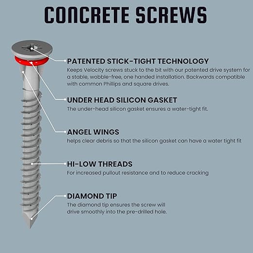 Velocity 2 1/4 Concrete Screws Kit with RedSeal Moisture Barrier (Flat Head, Size 1/4”) – Includes 12 High-Performance Concrete Screw PCS, 1 Drill Bit, and 1 Driver Bit