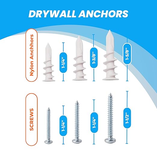 Drywall Anchors and Screws Kit – 200pcs- 3 Sizes Self Drilling Anchors – No Pre-Drill Required – Heavy Duty Wall Anchors for Drywall – Holds Up to 75lbs, 13x32mm,15x33mm,13x42mm