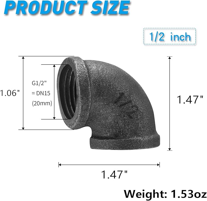 1/2" Pipe Fitting Elbow, DN15 Threaded Cast Malleable Iron for Steampunk Vintage Shelf Bracket DIY Plumbing Pipe Decor Furniture (20, 1/2")