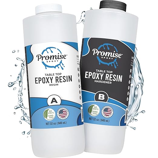 Promise Epoxy Epoxy Resin Kit 64 Oz-Crystal Clear, UV Resistant, Self Leveling, Food Safe for Table Top, Arts & Crafts, Wood Casting, Jewelry Making, Use with Mica Powder, Silicone Molds, Alcohol Ink