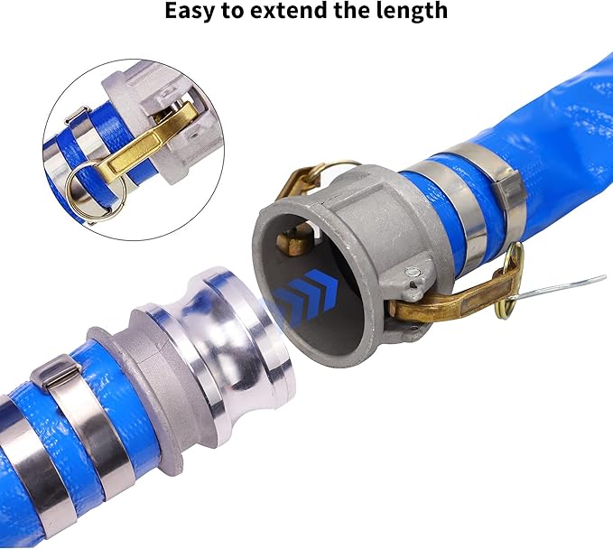 2" x 50ft PVC Lay Flat Discharge Hose With Aluminum Camlock C & E Fittings, Cam Lock Fitting Type F included, Heavy Duty Reinforced Pump Backwash Hose Assembly