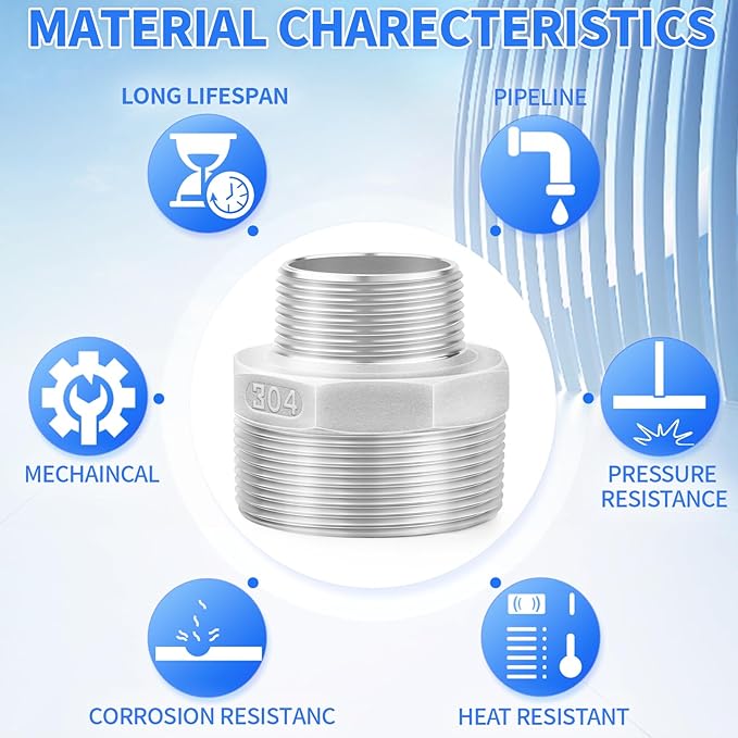 ChillWaves 304 Stainless Steel Pipe Fitting, Reducer Hex Nipple 1-1/2" NPT Male x 3/4" NPT Male Thread Adapter(1-PACK)