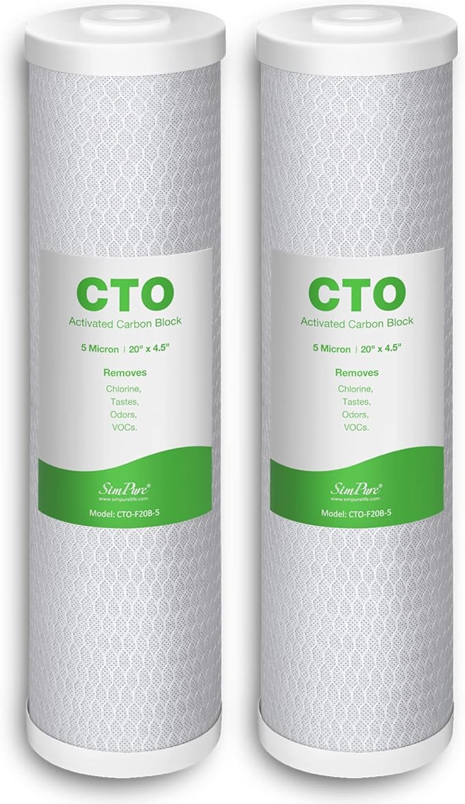 SimPure Whole House Water Filter Cartridges 5 Micron 20" x 4.5" CTO Activated Carbon Block, For DB20P, FC25B, CTO20BB, WHB20, 2 Pack