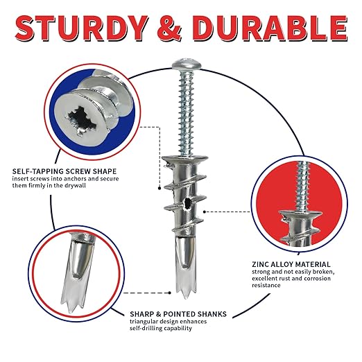 Drywall Anchors and Screws Kit, 100 Pcs Self Drilling Drywall Anchors, 50 Pcs Zinc Sheetrock Anchors and 50 Pcs #8 x 2 Metal Screws, Heavy Duty Hollow Wall Anchors, 75 Lbs Hanging Mounting