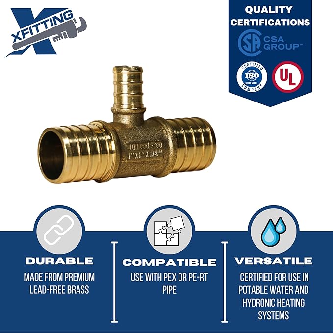 XFITTING 1 inch x 1 inch x 1/2 inch Pex Reducing Tee, Pex B Crimp Version 25-1-5=5X, 5 Pieces
