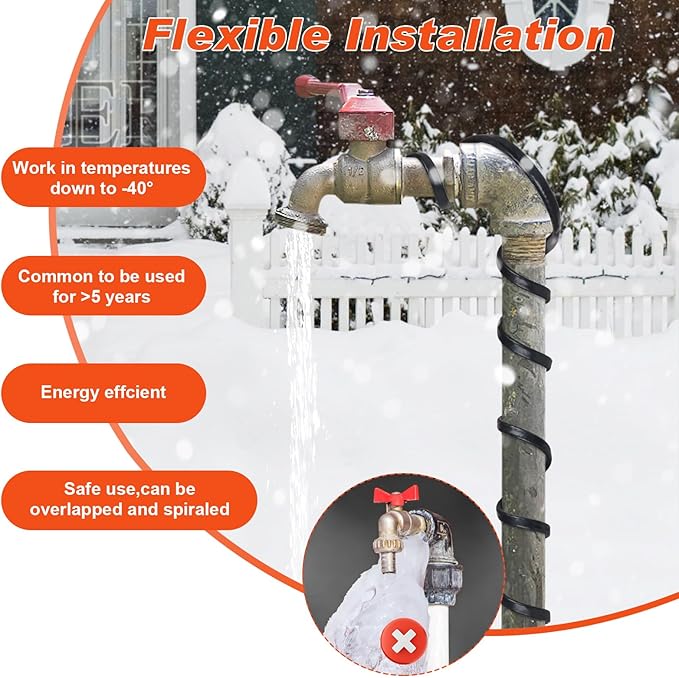 30FT（3~200FT） Heat Tape for Water Pipes, -40°F Deicing Heating Cable, Freeze Protected Water Pipe Heating Cable,120V 5W/ft