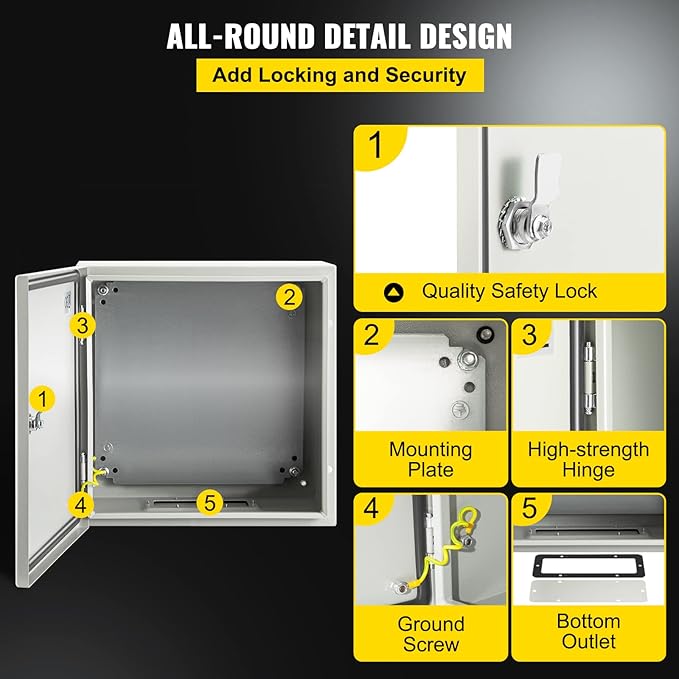 VEVOR NEMA Steel Enclosure, 16 x 16 x 6'' NEMA 4X Steel Electrical Box, IP66 Waterproof & Dustproof, Outdoor/Indoor Electrical Junction Box, with Mounting Plate