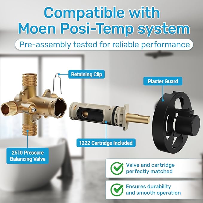 2510 Shower Valve Compatible with Moen Posi-temp Valve, Pressure Balancing Rough-In Valve, 1/2 Inch IPS Connection, Brass 4-Port for Bathtub and Shower(with Screwdriver Stops)
