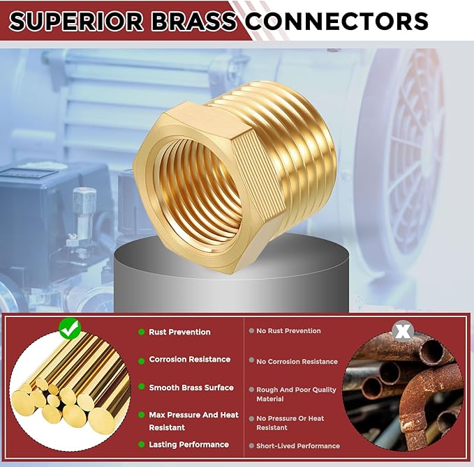 Pack of 10, 1/2" NPT Male to 3/8" NPT FeMale Solid Brass Hex Bushing, Hose Fitting Adapter Reducer Fit for Pipe Leak Repair, Bathroom Remodeling, Tool Extensions, Compression