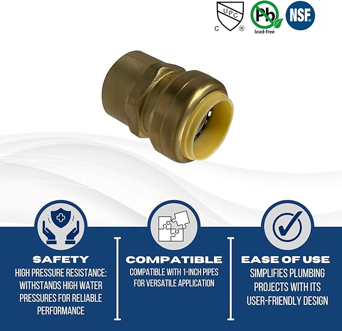 1 Piece XFITTING 1" Push Fit X 1" Female NPT/FNPT Adapter, Brass, Plumbing Fitting For Copper, Pex, Cpvc