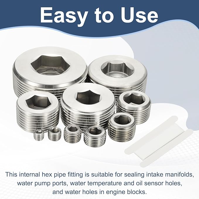 PATIKIL 1-1/2" NPT Male Internal Hex Pipe Fitting, 304 Stainless Steel Pipe Plug Fitting Assortment Kit Countersunk Thread Head Socket Pipe Plug Fitting Adapter with Tape, Silver