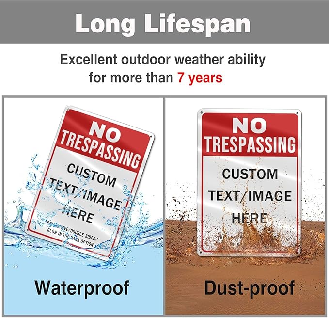 Custom No Trespassing Sign, Glow in the Dark/Reflective Option, Personalized Aluminum Warning Signs, Customize for Business, Yard, Garden, School, Driveway, Outdoor 12''x8''
