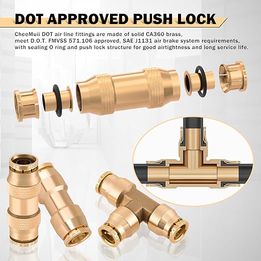 CheeMuii 78 Pcs Brass DOT Air Line Fittings Kit Push Lock DOT Air Fittings 2-in-1 43+35 Pcs Push to Connect Fittings NPT Thread & Quick Connect Air Hose Fittings Assortment