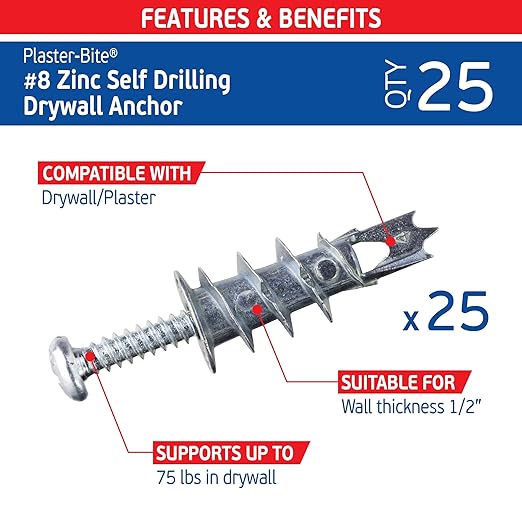 Zinc Plaster Bite Self-Drilling Drywall Anchors w/Screws (25 Anchors & 25 Screws) – Heavy Duty Zinc Hollow Wall Anchor Kit for 3/8", 1/2", 5/8" Drywall – 75 lbs Holding Strength