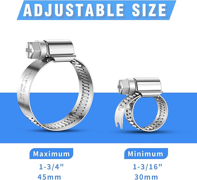 12PCS Heavy Duty Hose Clamps Stainless Steel 304,1-3/16" Hose Clamp to 1-3/4" Hose Clamp in (30-45mm) Adjustable Worm Gear Drive Hose Clamps, Reusable Pipe Clamp for Garden, Automotive