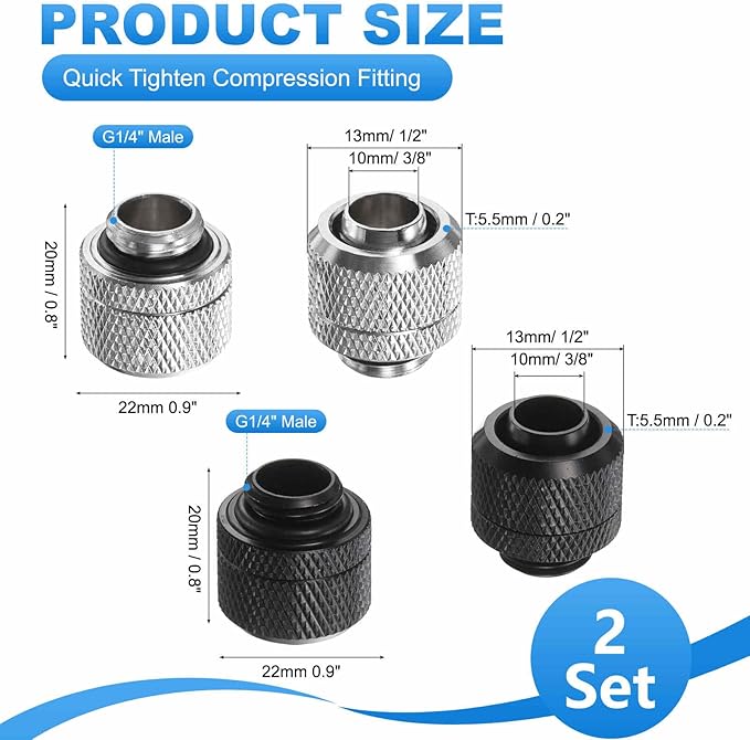 4-Pack G1/4" Thread 3/8 in ID 1/2 in OD Quick Tighten Compression Fitting - Durable Hard Tubing Compression Fitting for Soft Tubing, Computer Water Cooling System, Black, Silver