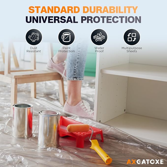 12 x 9 Ft Plastic Drop Cloths (10-Pack) - Disposable Painter's Sheeting & Tarps for Painting, Waterproof Furniture/Couch/Floor Protection