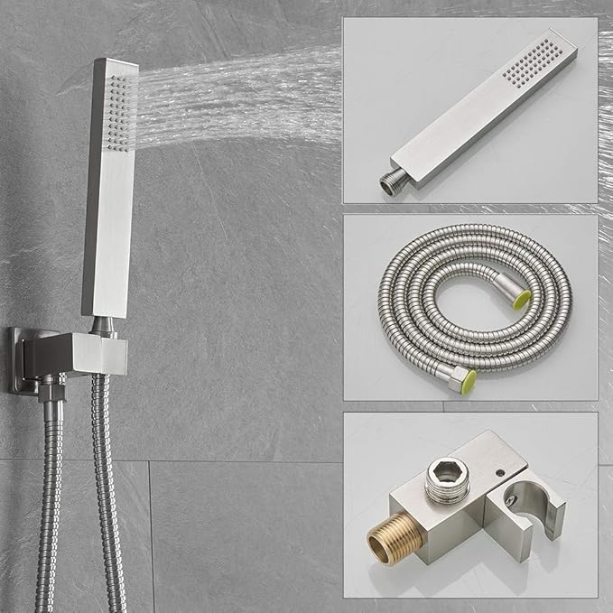 Brushed Nickel Shower System 12 Inch Bathroom Luxury Rain Mixer Shower Combo Set Wall Mounted Rainfall Shower Head and Handheld System Shower Faucet Set Rough-in Valve Body and Trim Kit