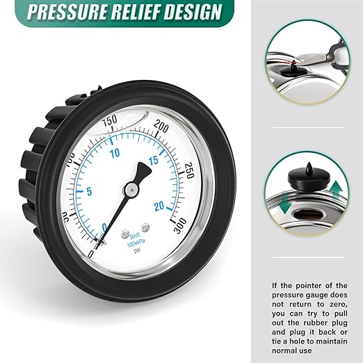 0-300PSI Stainless Steel Liquid Filled Pressure Gauge, 2.5" Dial Size, 1/4" NPT Back Mount, with Rubber Protective Sleeve, for Tube, Water Pump, Gas, Liquid, Pressure Test