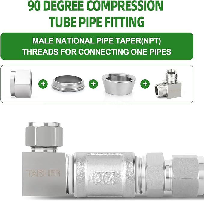 TAISHER 2PCS 304 Stainless Steel Square 90 Degree Compression Tube Pipe Fitting Connector, 1/4" Tube OD x 1/4" NPT Male Adapter