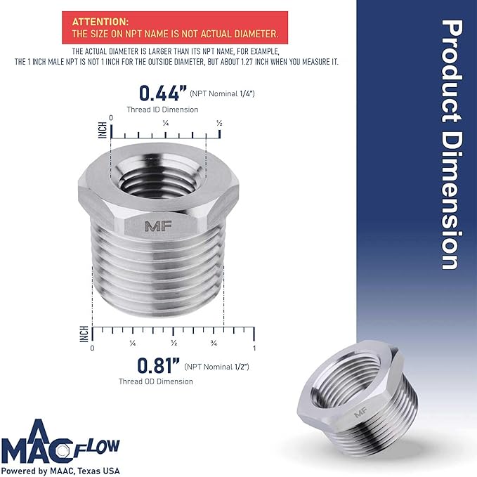MAACFLOW Stainless Steel 1/2" Male NPT to 1/4" Female NPT Adapter Reducer Hex Bushing (Thread OD 0.81" - ID 0.44") (Pack of 1)