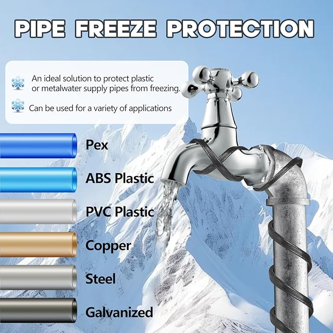 15FT(3FT~200FT) Heat Tape for Water Pipes, -40°F Deicing Heating Cable, Freeze Protected Water Pipe Heating Cable, Heated Water Hose, Plumbing Fixtures, 120V 5W/ft Plumbing Fixtures