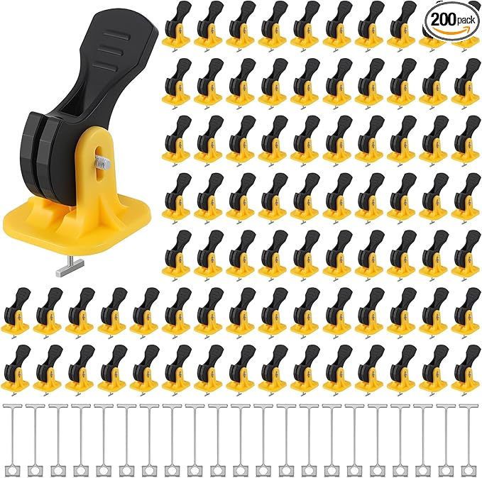Nuanchu Tile Leveling System Kit 200 Reusable Tile Spacers + 200 1/16'' Replaceable Spare Steel T-pin, Leveling Clips Fit 8-12mm Floor Compounds Set for Wall & Floor (Yellow)