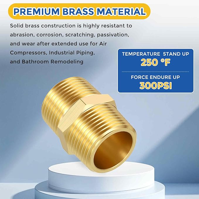 4 Pack Brass Pipe Fittings, 3/4" Male NPT to 3/4" Male NPT Brass Hex Nipple, Male Pipe Adapter Reducer for Air, Oil, LP