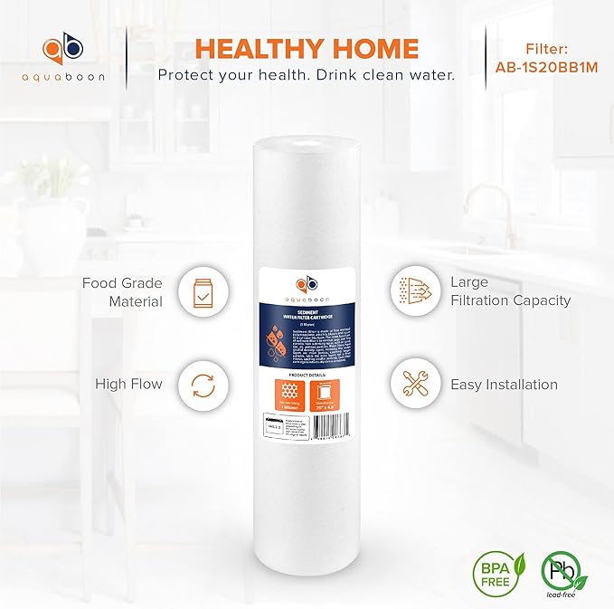 Aquaboon 1 Micron 20 x 4.5 Sediment Water Filter Replacement Cartridge | Whole House Sediment Filtration | Compatible with AP810-2, SDC-45-2005, FPMB5-20, P5-20, FP25B, 155358-43, 4 Pack