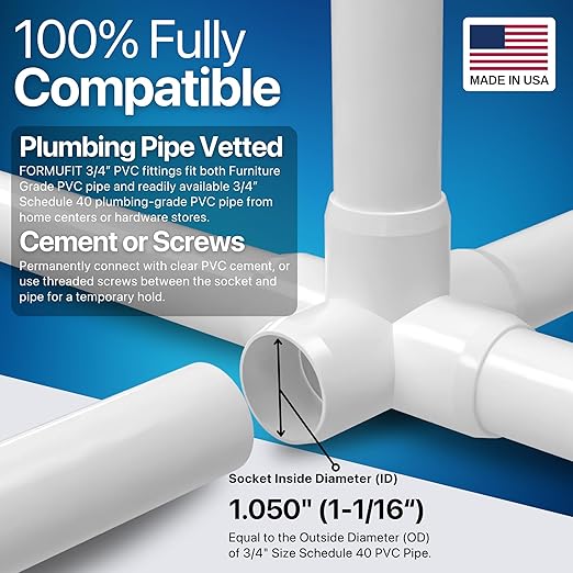 FORMUFIT 3/4" 5-Way Cross Furniture Grade PVC Fitting in White, Made in USA, UV-Resistant, Impact-Proof, 1.050" Actual Socket Diameter (Pack of 8) - F0345WC-WH-8