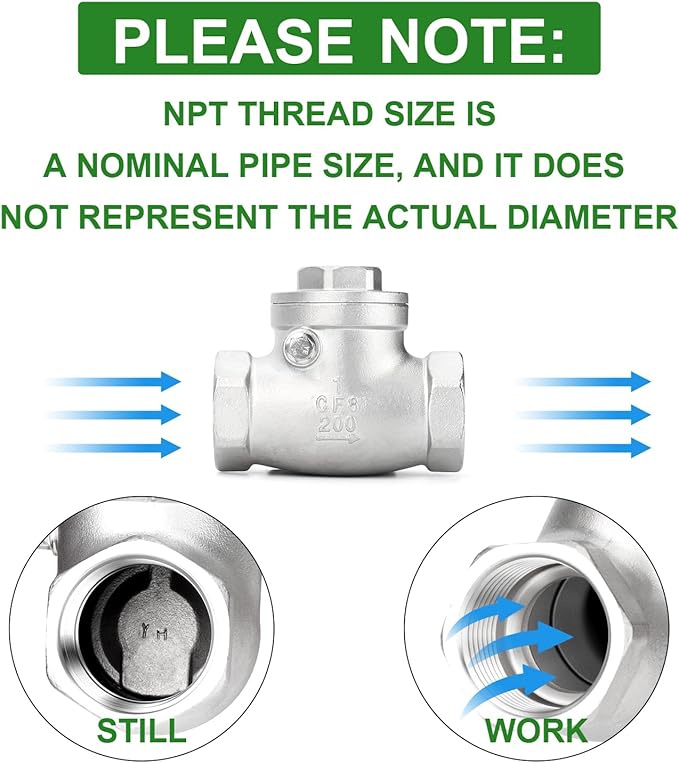 TAISHER 1PCS 304 Stainless Steel 1" NPT Female Swing Check Valve，Backflow Prevention, One Way Check Valve CF8 WOG 1000