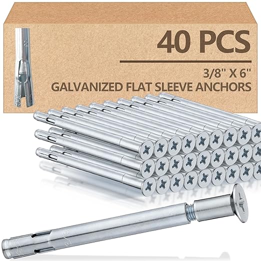 Tandefio 40 Pcs 3/8" x 6" Flat Sleeve Anchors for Concrete Zinc Plated Expansion Anchors Flush Mount Bolt for Masonry, Brick, Concrete Heavy Duty Bolts Secure Fastening