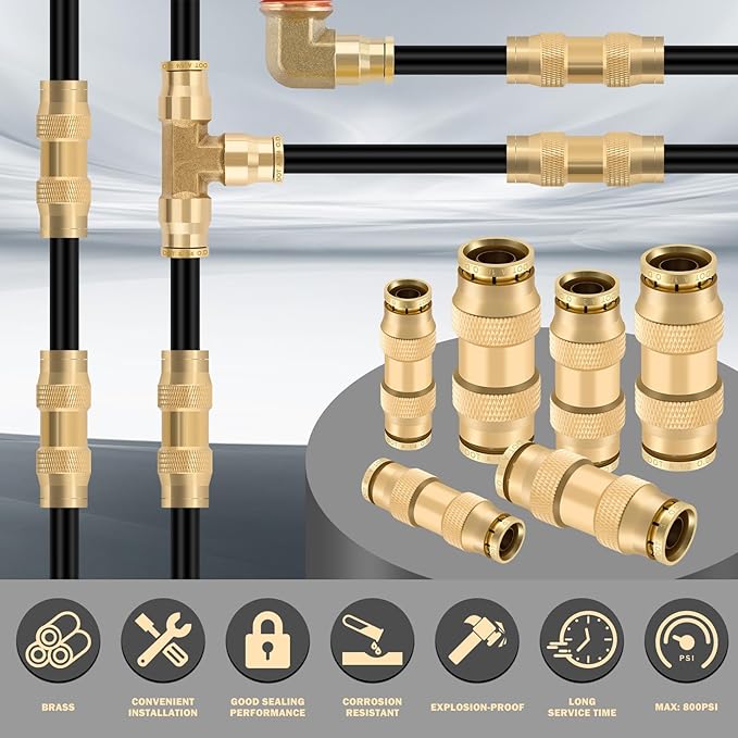 CheeMuii 23 PCS Brass DOT Air Line Fittings with 30FT 1/4" and 20FT 3/8" DOT Air Line Kit Push Lock Quick Connect Fittings with Pneumatic Tubing Set