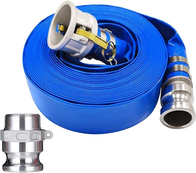 2" x 100' Heavy Duty Discharge Hose Blue PVC Backwash Hose for Swimming Pools, Reinforced Pool Drain Hose with Aluminum Camlock C and E Fittings, Cam Lock Fitting Type F included