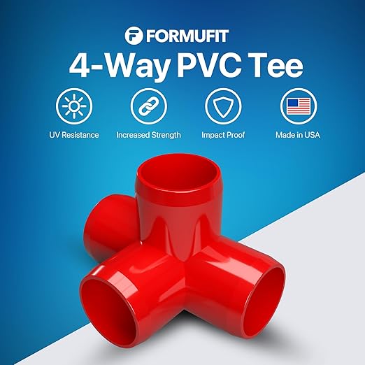 FORMUFIT 1” 4-Way Tee Furniture Grade PVC Fitting in Red, Made in USA, UV-Resistant, Impact-Proof, 1.315” Actual Socket Diameter (Pack of 4) - F0014WT-RD-4
