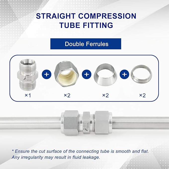 316 Stainless Steel Compression Tube Fitting 10mm OD x 10mm OD Straight Union Adapter Connector with Double Ferrules for Oil, Chemical, and Natural Gas Connections