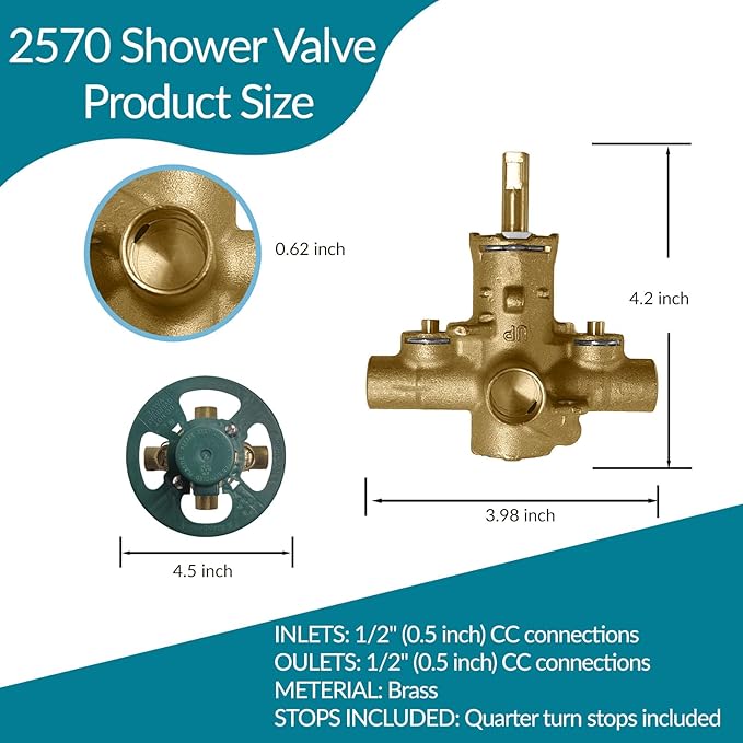 2570 Shower Valve, Pressure Balancing Cycling 4 Port Tub and Brass Shower Valves with Stops Replacement for Moen 2570-1/2 Inch CC Connections, For moen Trim Kit, Includes 1222 cartridge