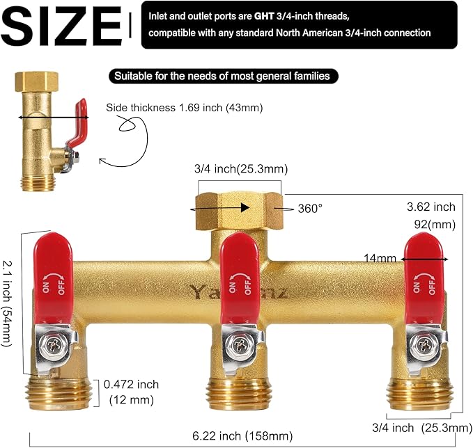 Garden Hose Splitter, 3/4” Rust and Freeze Resistant Outdoor Hose Manifold with 3 Red Extra Long Handles Faucet Adapter-Heavy Duty Brass 3-Way Valve