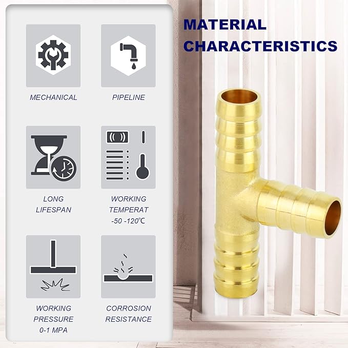 ChillWaves Brass Hose Barb Fittings, Tee 3 way Union Intersection/Splitter Fitting 3/8" Barb x 3/8" Barb x 3/8" Barb with Hose Clamp For Water/Fuel/Air(3-PACK)
